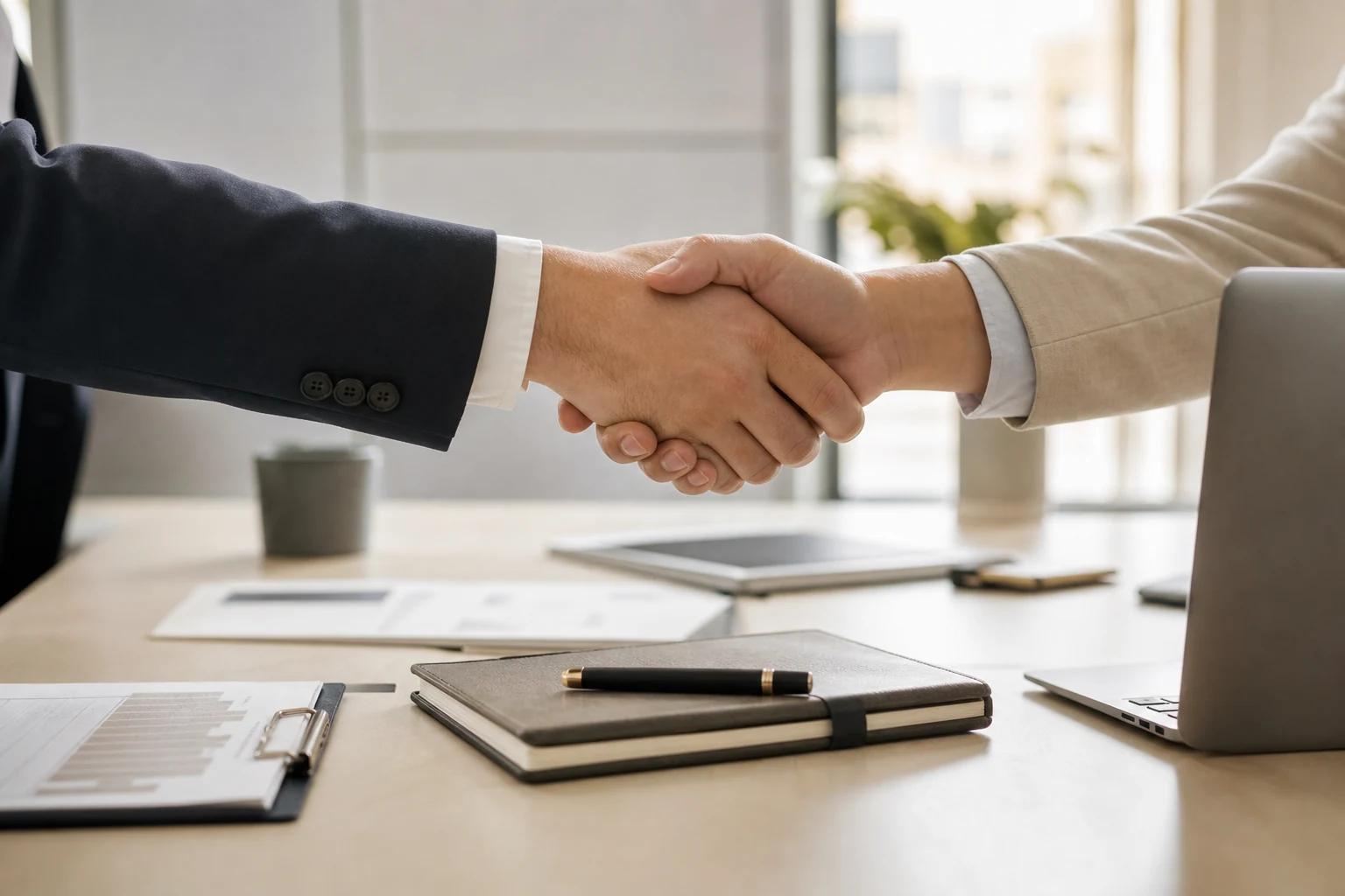 Partenaires se serrant la main autour d'une table de réunion